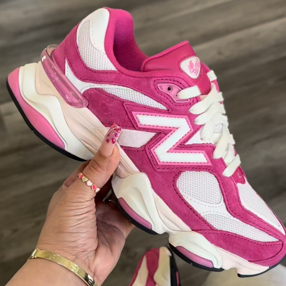. New Balance Womens Fuschia Pink/White Suede 9060 Sneakers - Picture 2 of 15